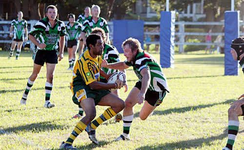 Brad Carlson defending the line with Daniel Ferguson and Jason Woods in Stags’ narrow win over Yandina. Brad Carlson defending the line with Daniel Ferguson and Jason Woods in Stags’ narrow win over Yandina.